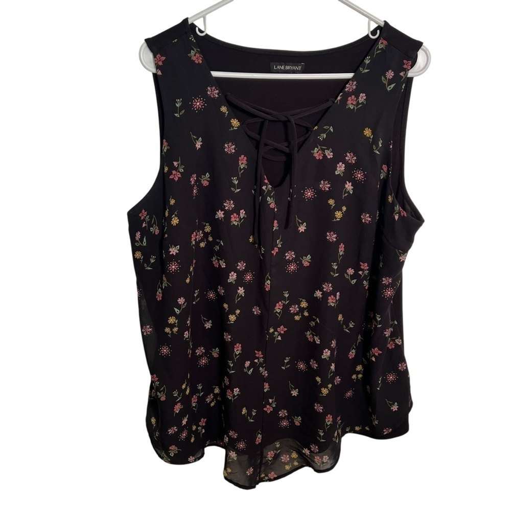 Lane Bryant Women's Plus Size Sleeveless Lace Up Blouse Black Floral Mixed Media